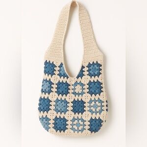 Cottagecore Granny Square Crochet Boho Shoulder Bag – Blue/Cream – EUC